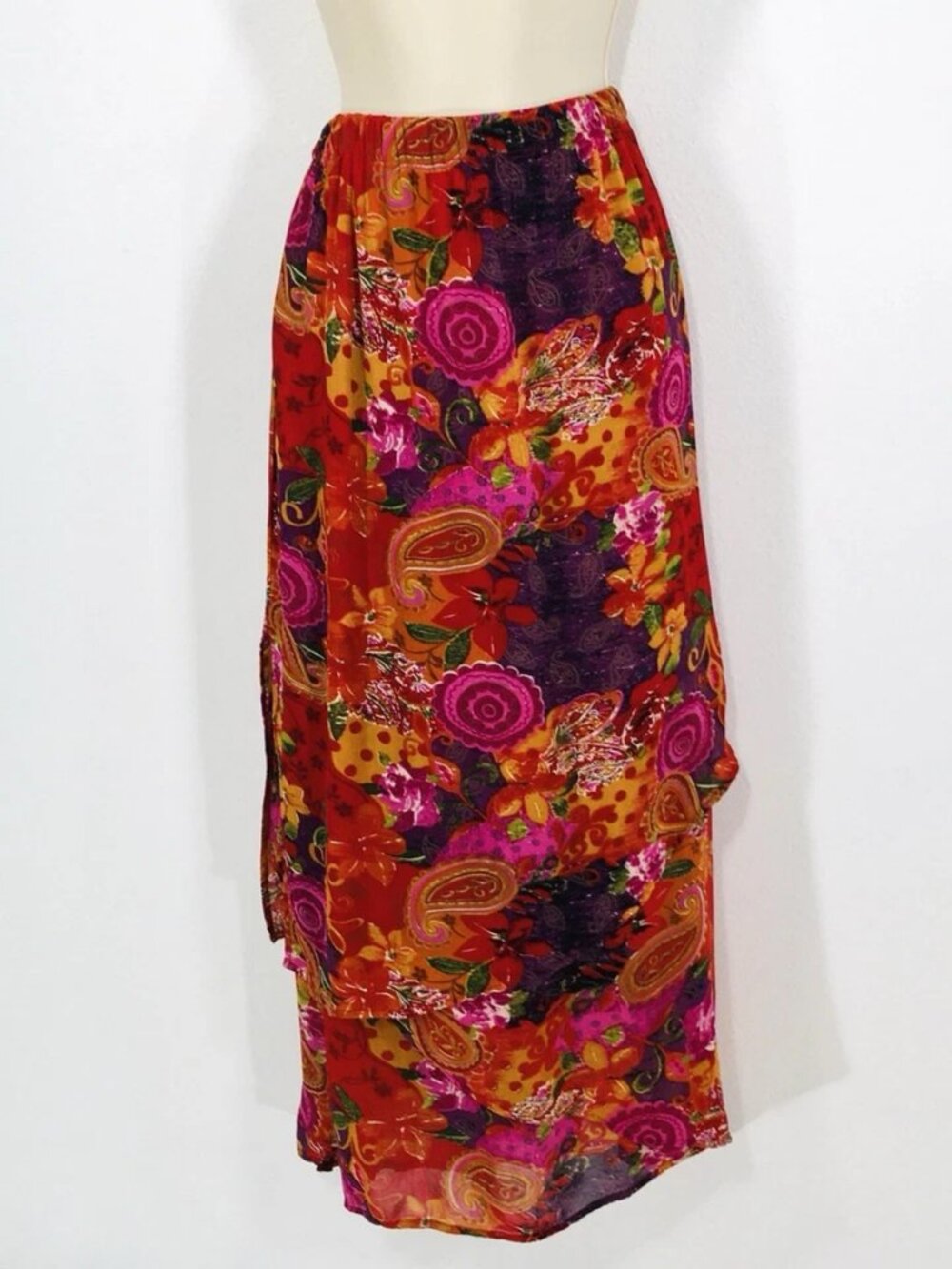 Chico’s Design Boho Maxi Skirt Sz XL Floral Layered Asymmetrical Hem Side Slits